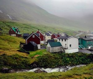 Preview wallpaper houses, valley, fog, mountains