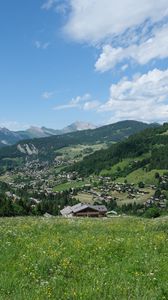 Preview wallpaper houses, valley, mountains, grass