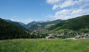 Preview wallpaper houses, valley, mountains, grass