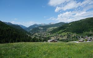 Preview wallpaper houses, valley, mountains, grass