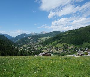 Preview wallpaper houses, valley, mountains, grass