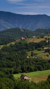 Preview wallpaper houses, valley, trees, mountain, nature