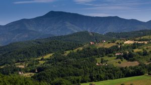 Preview wallpaper houses, valley, trees, mountain, nature