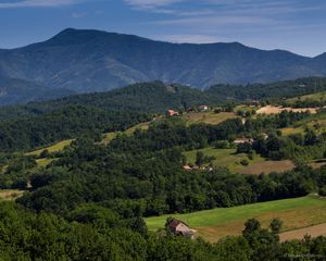 Preview wallpaper houses, valley, trees, mountain, nature