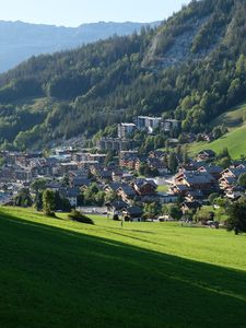 Preview wallpaper houses, valley, village, mountains, trees, grass
