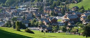 Preview wallpaper houses, valley, village, mountains, trees, grass
