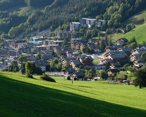 Preview wallpaper houses, valley, village, mountains, trees, grass