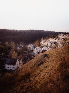 Preview wallpaper houses, village, hills, forest, trees