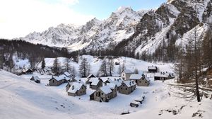 Preview wallpaper houses, village, valley, mountains, snow, winter, white