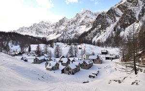 Preview wallpaper houses, village, valley, mountains, snow, winter, white