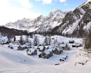 Preview wallpaper houses, village, valley, mountains, snow, winter, white