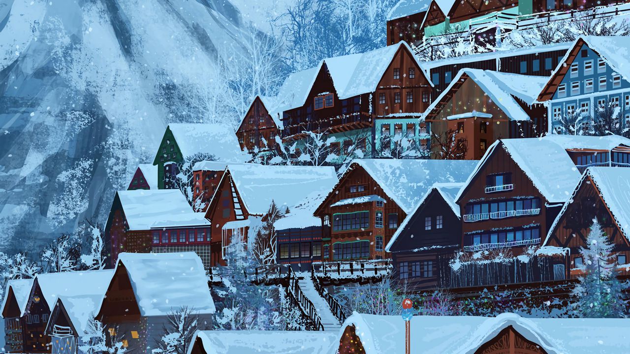 Wallpaper houses, village, winter, snow, art
