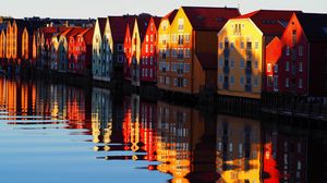 Preview wallpaper houses, water, reflection, shadows, scandinavia