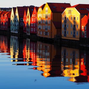 Preview wallpaper houses, water, reflection, shadows, scandinavia