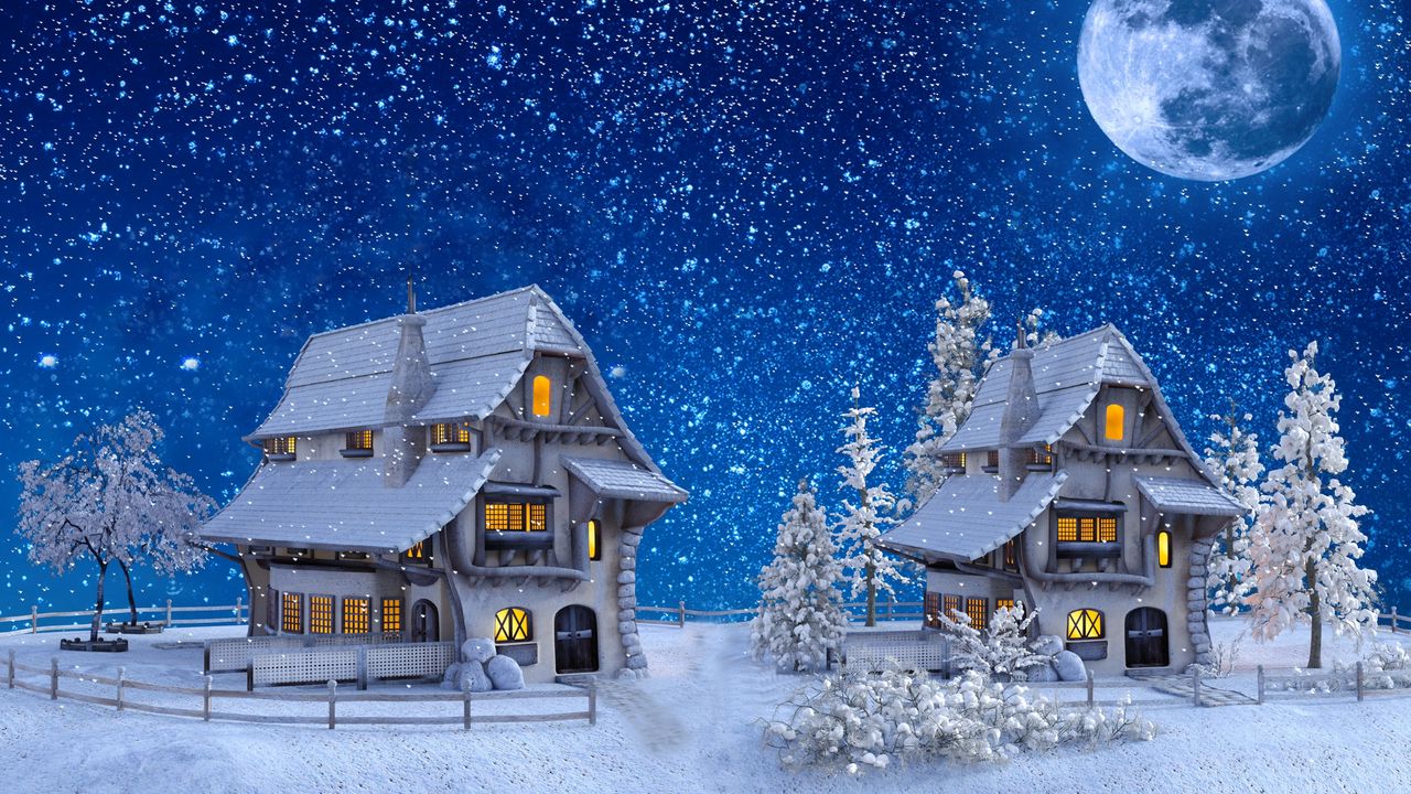 Wallpaper houses, winter, snow, moon, toy