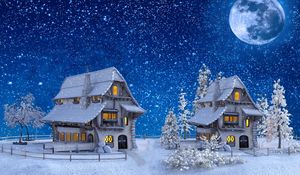 Preview wallpaper houses, winter, snow, moon, toy