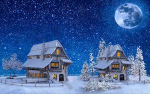 Preview wallpaper houses, winter, snow, moon, toy