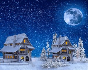 Preview wallpaper houses, winter, snow, moon, toy