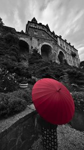 Preview wallpaper human, umbrella, castle, alone, black and white