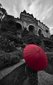 Preview wallpaper human, umbrella, castle, alone, black and white