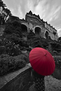 Preview wallpaper human, umbrella, castle, alone, black and white