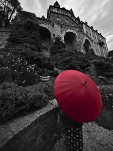 Preview wallpaper human, umbrella, castle, alone, black and white