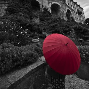 Preview wallpaper human, umbrella, castle, alone, black and white