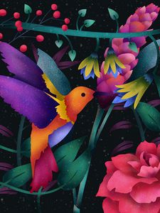 Preview wallpaper hummingbird, bird, art, flowers