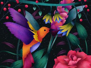 Preview wallpaper hummingbird, bird, art, flowers