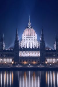 Preview wallpaper hungary, budapest, night, building, parliament, lights, promenade, river, danube, reflection