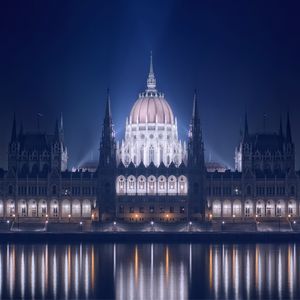 Preview wallpaper hungary, budapest, night, building, parliament, lights, promenade, river, danube, reflection