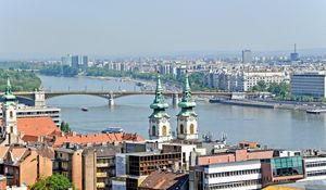 Preview wallpaper hungary, city, houses, sky, bridge