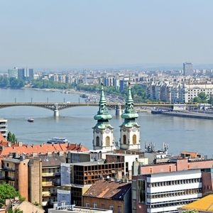 Preview wallpaper hungary, city, houses, sky, bridge