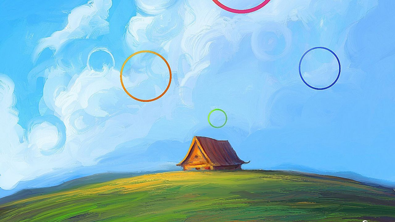 Wallpaper hut, circles, clouds, hill, art