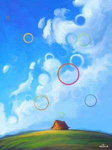 Preview wallpaper hut, circles, clouds, hill, art