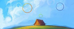 Preview wallpaper hut, circles, clouds, hill, art