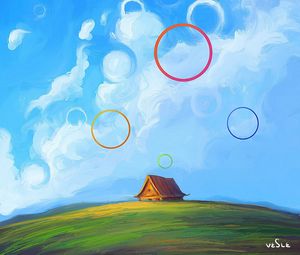 Preview wallpaper hut, circles, clouds, hill, art