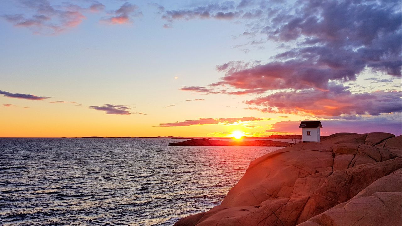 Wallpaper hut, coast, rocks, sunset, sea