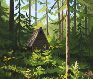 Preview wallpaper hut, forest, paint, art