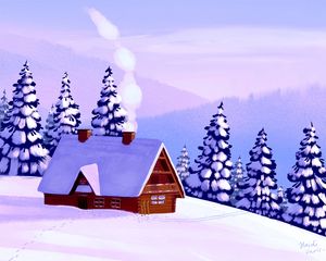 Preview wallpaper hut, forest, snow, art