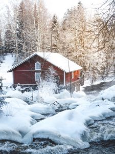 Preview wallpaper hut, forest, trees, snow, snowy