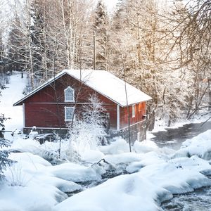 Preview wallpaper hut, forest, trees, snow, snowy