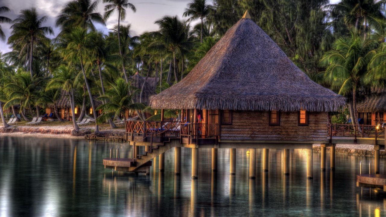 Wallpaper hut, lodge, tropics, water, palm trees, coast, razmytost