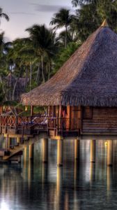 Preview wallpaper hut, lodge, tropics, water, palm trees, coast, razmytost