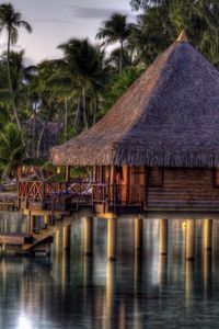 Preview wallpaper hut, lodge, tropics, water, palm trees, coast, razmytost