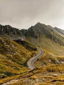 Preview wallpaper hut, mountains, road, winding, grass