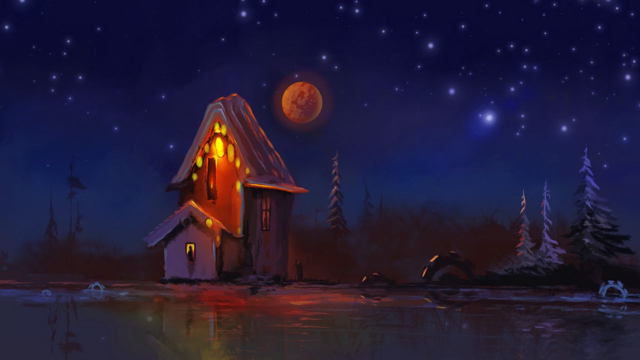 Wallpaper hut, night, lights, moon, art