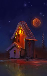 Preview wallpaper hut, night, lights, moon, art