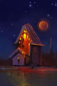 Preview wallpaper hut, night, lights, moon, art