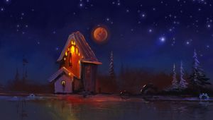 Preview wallpaper hut, night, lights, moon, art